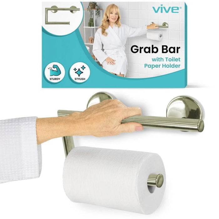 Vive Health Metal Grab Bar With Toilet Paper Holder